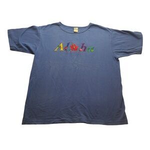 Bay Beauty Aloha Kauai Embroidered Blue Cotton T-Shirt Men's Medium Hawaii Tee